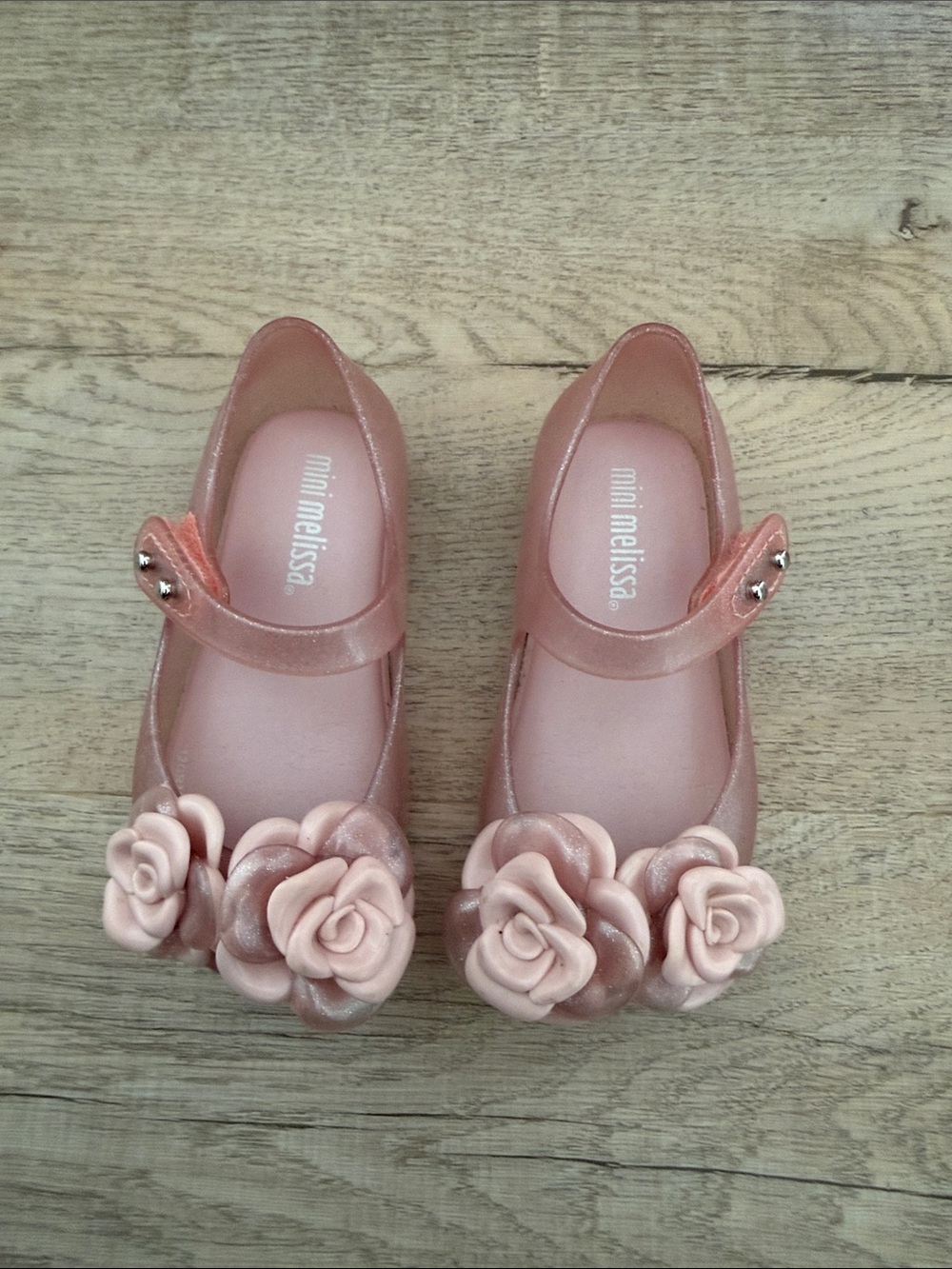 Mini Melissa Rose-Embellished Shimmery Pink Mary Janes
